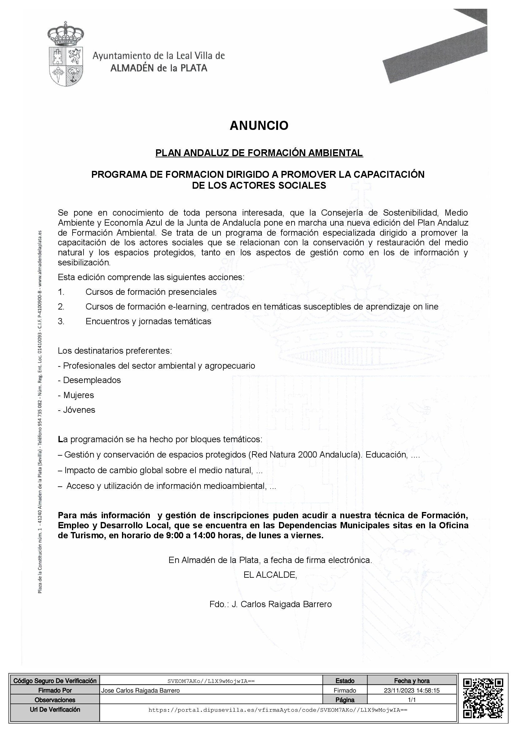 ANUNCIO PLAN ANDALUZ FORMACIÓN AMBIENTAL